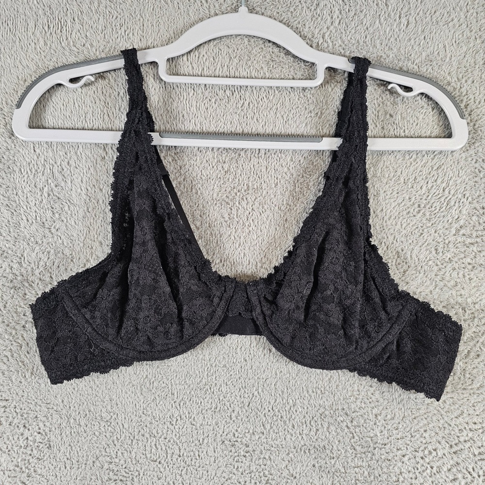 Aerie Real Good Black Floral Lace Unlined Underwire Bra 38B Scalloped Trim